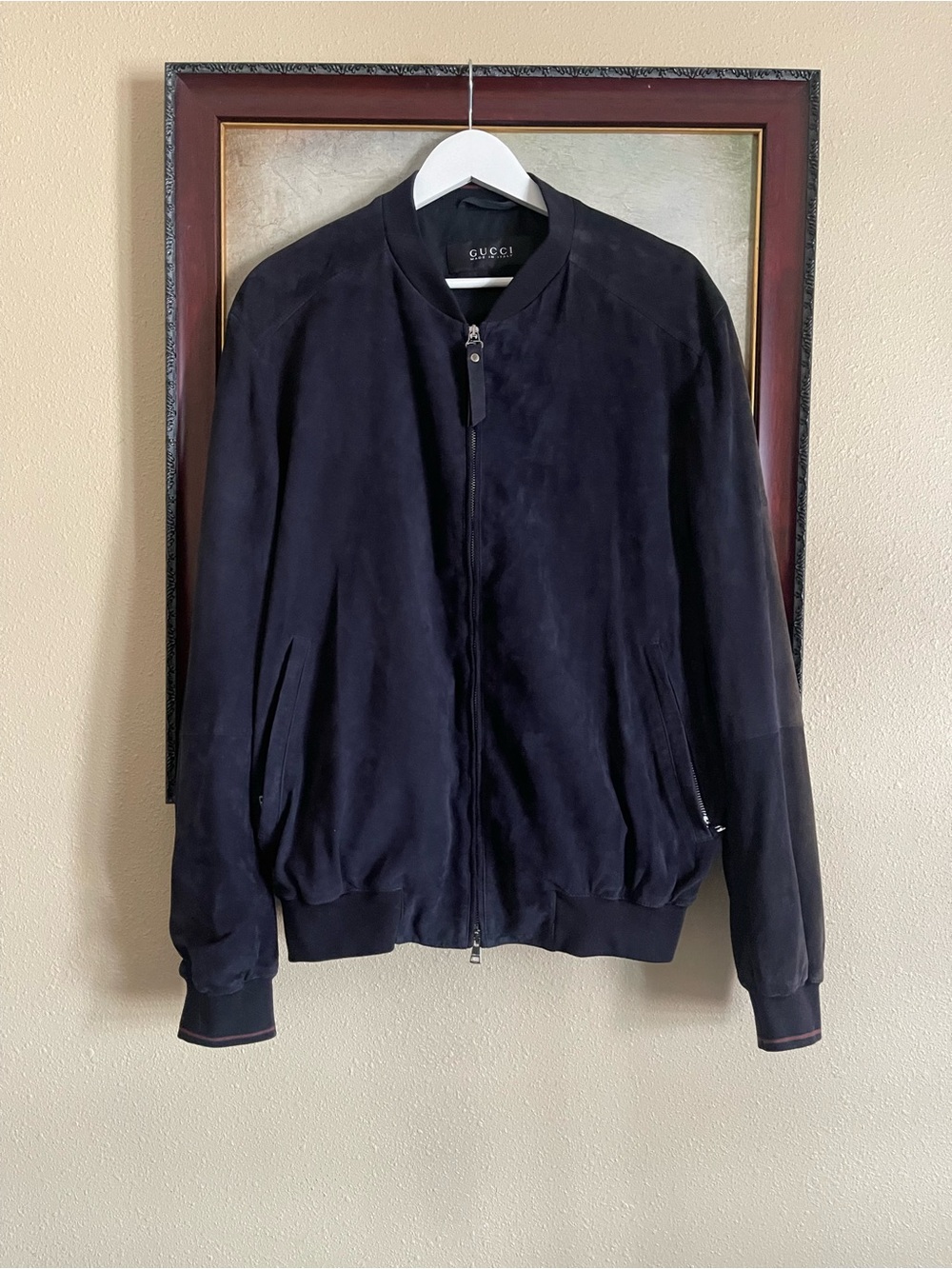 Gucci Black Suede Bomber Jacket — Minimalist Ribbed Trim